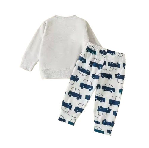 The Bodhi - Baby Boy Grey Car Embroidery Long Sleeve Pullover Sweatshirt + Elastic Waist Pants