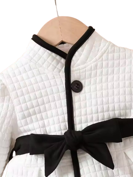 The Celine - Baby Girl Thermal Belted Dress Set Princess Coat Classic Black And White Color Contrast Cardigan