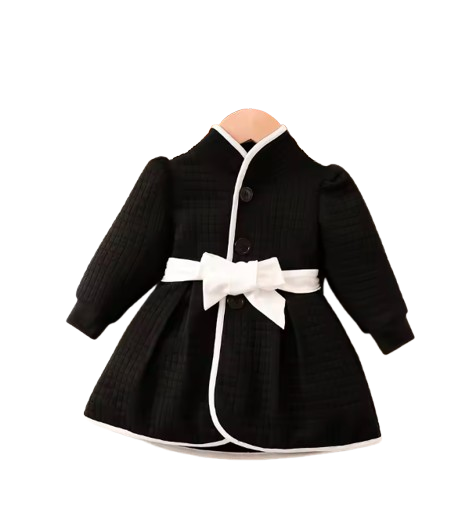 The Celine - Baby Girl Thermal Belted Dress Set Princess Coat Classic Black And White Color Contrast Cardigan