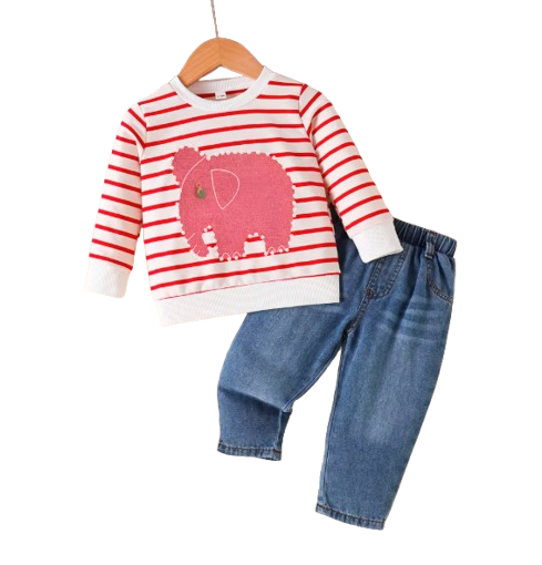 The Saylor - Baby Unisex White & Red Elephant Stripe Top Casual Cute Print Jeans Set