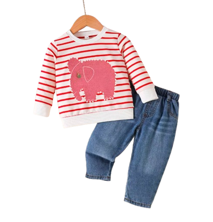 The Saylor - Baby Unisex White & Red Elephant Stripe Top Casual Cute Print Jeans Set