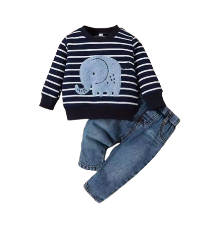 The Saylor - Baby Unisex Black Elephant Stripe Top Casual Cute Print Jeans Set