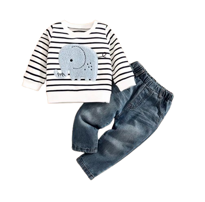The Saylor - Baby Unisex White + Grey Elephant Stripe Top Casual Cute Print Jeans Set