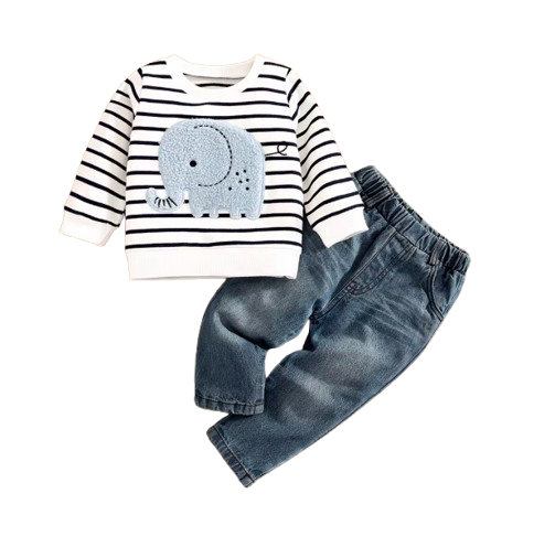 The Saylor - Baby Unisex White + Grey Elephant Stripe Top Casual Cute Print Jeans Set