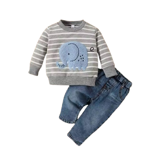 The Saylor - Baby Unisex Grey Elephant Stripe Top Casual Cute Print Jeans Set