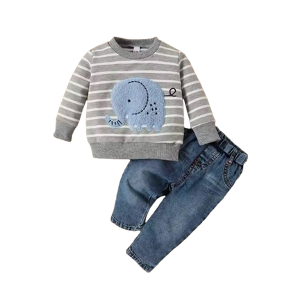The Saylor - Baby Unisex Grey Elephant Stripe Top Casual Cute Print Jeans Set