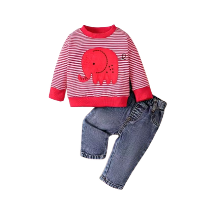 The Saylor - Baby Unisex Red Elephant Stripe Top Casual Cute Print Jeans Set