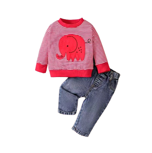The Saylor - Baby Unisex Red Elephant Stripe Top Casual Cute Print Jeans Set