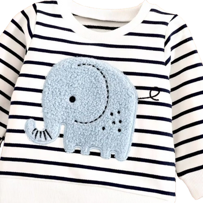 The Saylor - Baby Unisex White + Grey Elephant Stripe Top Casual Cute Print Jeans Set