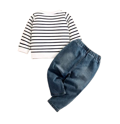 The Saylor - Baby Unisex White + Grey Elephant Stripe Top Casual Cute Print Jeans Set