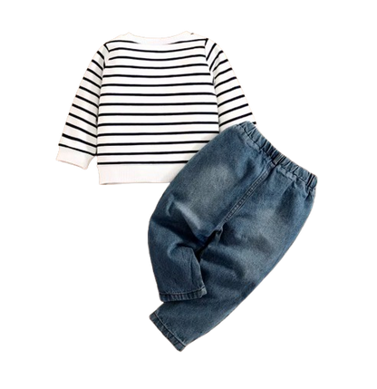 The Saylor - Baby Unisex White + Grey Elephant Stripe Top Casual Cute Print Jeans Set