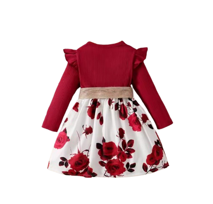 The Kiara - Baby Girl Red Long Sleeved Flower Skirt Dress
