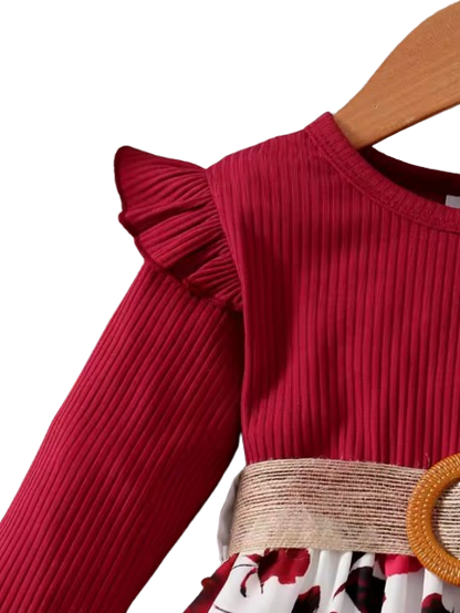 The Kiara - Baby Girl Red Long Sleeved Flower Skirt Dress