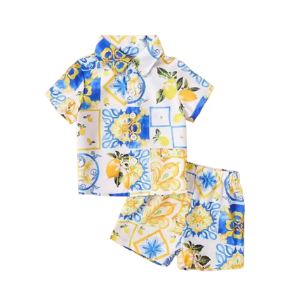 The Bryan - Baby Boy Lemon Printed Shirt Top+Same Color Printed Shorts Hawaiian Style Set