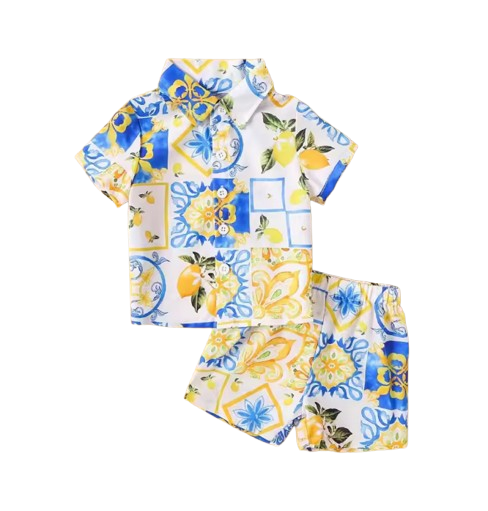 The Bryan - Baby Boy Lemon Printed Shirt Top+Same Color Printed Shorts Hawaiian Style Set