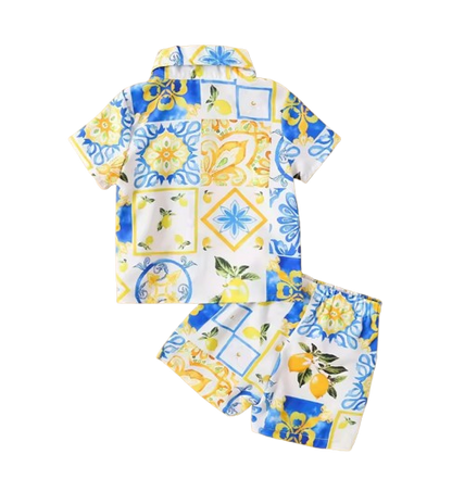 The Bryan - Baby Boy Lemon Printed Shirt Top+Same Color Printed Shorts Hawaiian Style Set