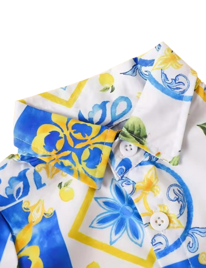 The Bryan - Baby Boy Lemon Printed Shirt Top+Same Color Printed Shorts Hawaiian Style Set
