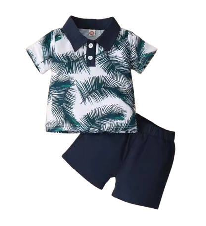 The Francisco - Baby Boy Navy Blue Suit Simple Wind Leaf Printed Short Sleeve Shirt + Solid Color Shorts