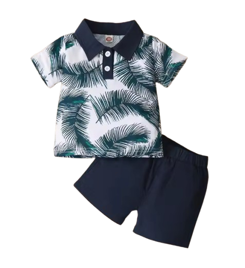 The Francisco - Baby Boy Navy Blue Suit Simple Wind Leaf Printed Short Sleeve Shirt + Solid Color Shorts