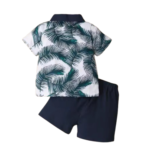 The Francisco - Baby Boy Navy Blue Suit Simple Wind Leaf Printed Short Sleeve Shirt + Solid Color Shorts