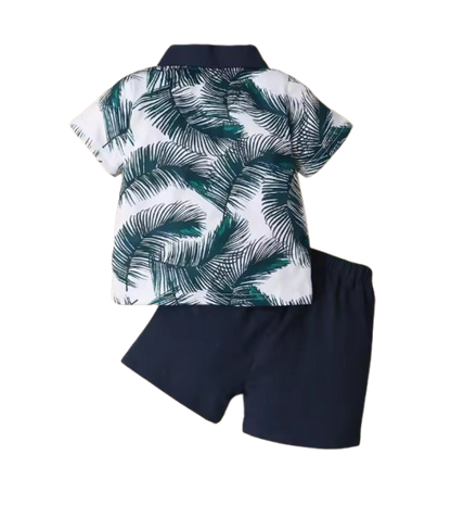 The Francisco - Baby Boy Navy Blue Suit Simple Wind Leaf Printed Short Sleeve Shirt + Solid Color Shorts