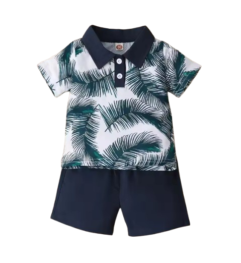 The Francisco - Baby Boy Navy Blue Suit Simple Wind Leaf Printed Short Sleeve Shirt + Solid Color Shorts