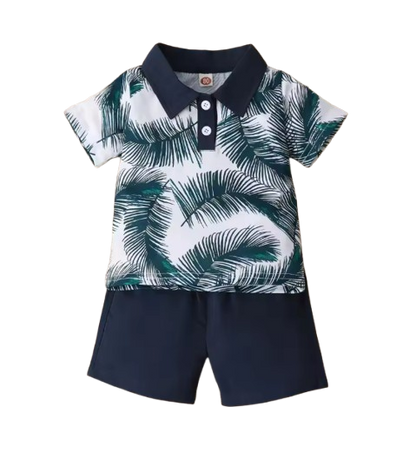 The Francisco - Baby Boy Navy Blue Suit Simple Wind Leaf Printed Short Sleeve Shirt + Solid Color Shorts