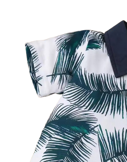 The Francisco - Baby Boy Navy Blue Suit Simple Wind Leaf Printed Short Sleeve Shirt + Solid Color Shorts