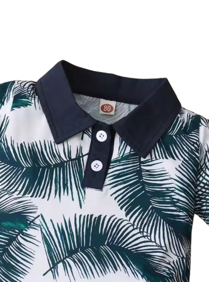 The Francisco - Baby Boy Navy Blue Suit Simple Wind Leaf Printed Short Sleeve Shirt + Solid Color Shorts