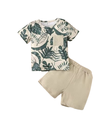 The Martin - Baby Boy Short Sleeves Leaf Print Pocket Style T-shirt + Shorts Summer Casual Outfit