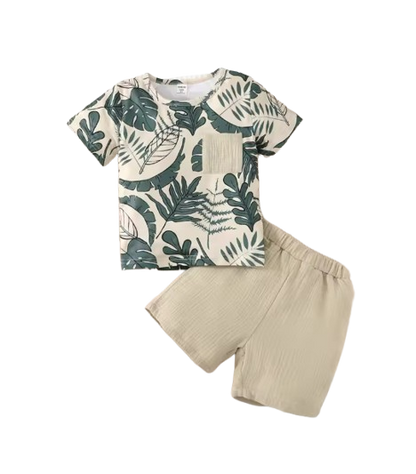 The Martin - Baby Boy Short Sleeves Leaf Print Pocket Style T-shirt + Shorts Summer Casual Outfit