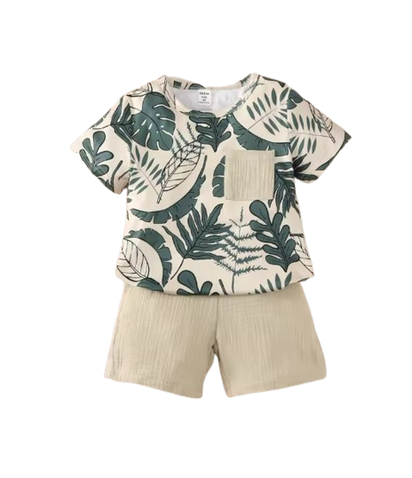 The Martin - Baby Boy Short Sleeves Leaf Print Pocket Style T-shirt + Shorts Summer Casual Outfit