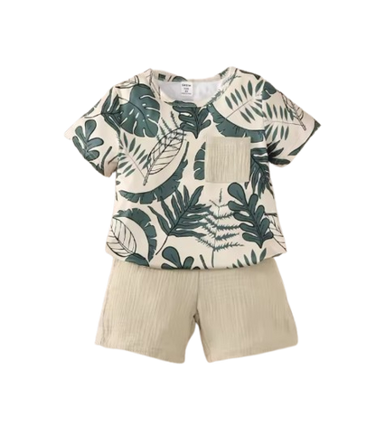 The Martin - Baby Boy Short Sleeves Leaf Print Pocket Style T-shirt + Shorts Summer Casual Outfit