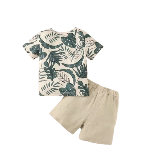 The Martin - Baby Boy Short Sleeves Leaf Print Pocket Style T-shirt + Shorts Summer Casual Outfit