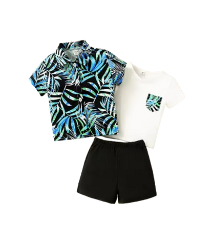 The Brady - Baby Boy Leaf Pattern Hawaiian Beach Casual Short Sleeve Shirt + Shorts