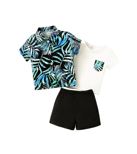 The Brady - Baby Boy Leaf Pattern Hawaiian Beach Casual Short Sleeve Shirt + Shorts