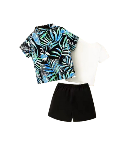 The Brady - Baby Boy Leaf Pattern Hawaiian Beach Casual Short Sleeve Shirt + Shorts