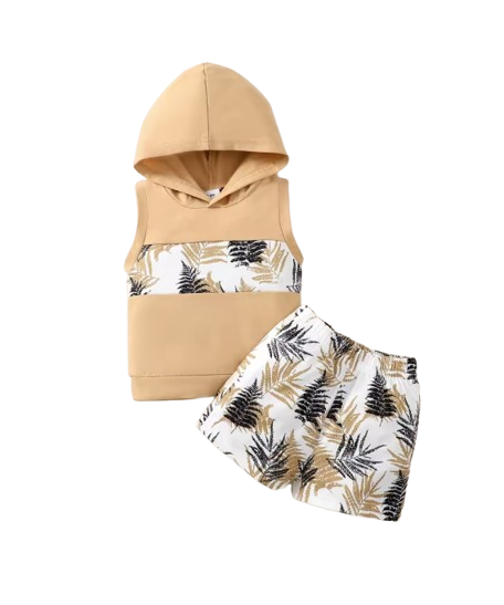 The Shepherd - Baby Boy Hooded Maple Leaf Print Sleeveless Top + Shorts