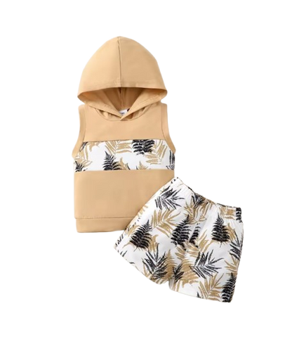 The Shepherd - Baby Boy Hooded Maple Leaf Print Sleeveless Top + Shorts