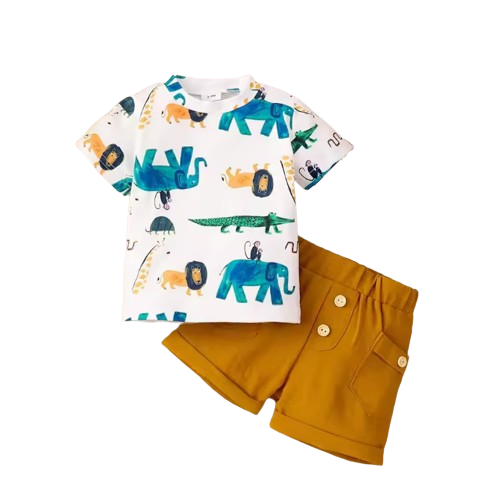 The Aidan - Baby Boy Round Neck Pullover Cartoon Printed Short Sleeved Tops + Solid Colour Shorts