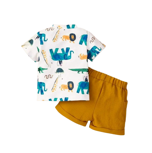 The Aidan - Baby Boy Round Neck Pullover Cartoon Printed Short Sleeved Tops + Solid Colour Shorts