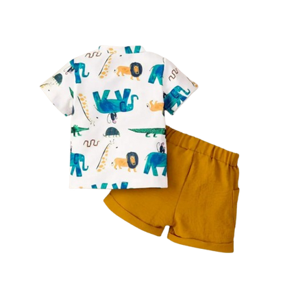 The Aidan - Baby Boy Round Neck Pullover Cartoon Printed Short Sleeved Tops + Solid Colour Shorts