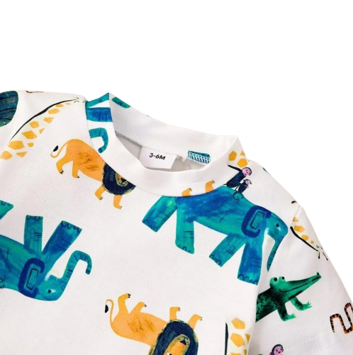 The Aidan - Baby Boy Round Neck Pullover Cartoon Printed Short Sleeved Tops + Solid Colour Shorts