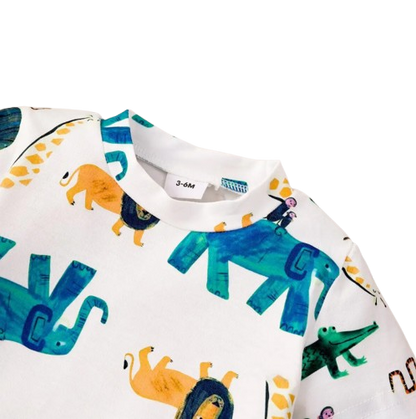 The Aidan - Baby Boy Round Neck Pullover Cartoon Printed Short Sleeved Tops + Solid Colour Shorts