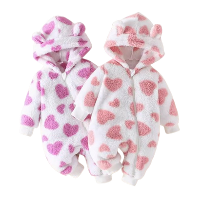 The Kohen - Baby Unisex Valentines Day Pink Heart Shape Design Zipper Hooded Jumpsuit