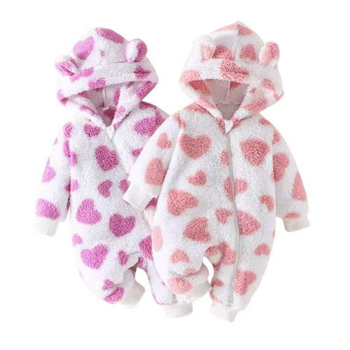 The Kohen - Baby Unisex Valentines Day Purple Heart Shape Design Zipper Hooded Jumpsuit