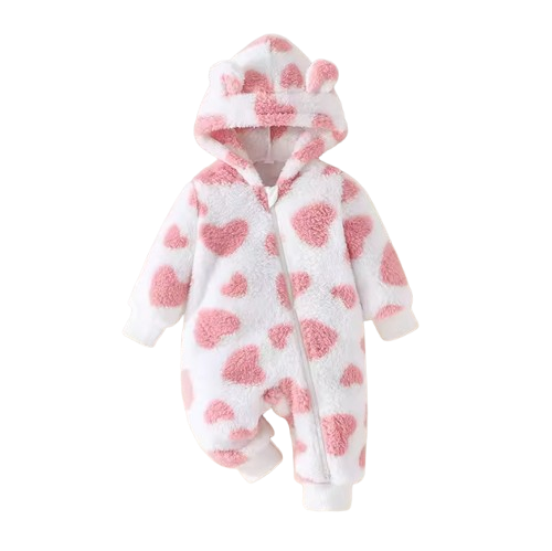The Kohen - Baby Unisex Valentines Day Pink Heart Shape Design Zipper Hooded Jumpsuit