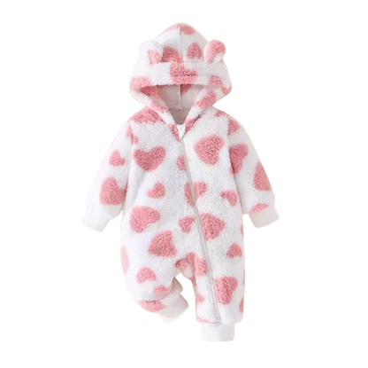 The Kohen - Baby Unisex Valentines Day Pink Heart Shape Design Zipper Hooded Jumpsuit