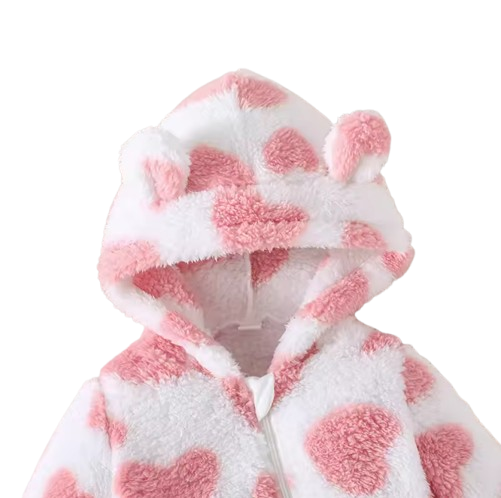 The Kohen - Baby Unisex Valentines Day Pink Heart Shape Design Zipper Hooded Jumpsuit