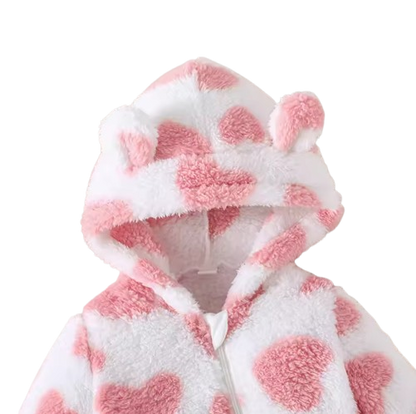 The Kohen - Baby Unisex Valentines Day Pink Heart Shape Design Zipper Hooded Jumpsuit